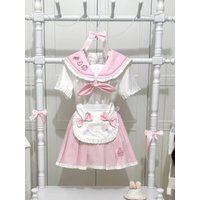 Kawaii Sweet Lolita Style 2 Piece Sets Women Y2k Pink Bow Sailor Collar Tops + Cat Apron Mini Skirt Japanese Casual Chic Outfits