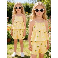 Girls' Summer 2-Piece Set: A Must-Have for Little Cuties—Lemon-Yellow Plaid Print Top & Shorts Duo. Sunny Girl Style: Yellow Dit