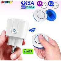 KEBIDU 433Mhz EU FR Wireless Remote Control Plug 15A 220V RF Smart Socket Mini Round Remote Electrical Outlet for Home Appliance