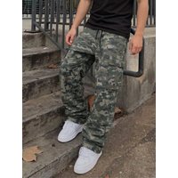 Loose Fit Camouflage Print Cargo Pants For Men With Flap Pockets And Drawstring Waist, Men Camouflage Pants, Camo Cargos, Men St