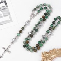 Catholic Jesus Cross Bracelet Men Religious Prayer Rosary Bangle 50CM Natural African Turquoises Lava Gem Stone Bead Bracelet
