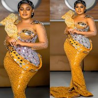Sheer Neck 2025 Yellow Mermaid Prom Dresses Crystals Beaded Sequined Evening Formal Party Birthday Gowns Dresses ZJ1704