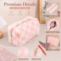 Soft Pink Plaid Plush Pencil Case Large Capacity Back to School Smooth Zipper Pouch for Teen Girls Students Daily Stationery Use