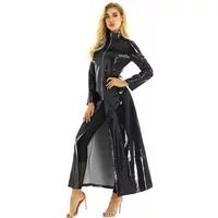 Red Sexy Fashion Stand Collar PVC Leather Dress Women Fashion Streetwear Long Sleeve Party Dresses Woman Dress Female Robe