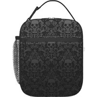 Vintage Halloween Black Victorian Gothic Skull Damask Insulated Lunch Bag Portable Waterproof Lunch Box Thermal Cooler Tote Bags