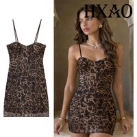 HXAO Slip Leopard Women's Dress Corset Mesh Mini Dress Vintage Animal Print Party Dresses Summer Bodycon Backless Sexy Dress