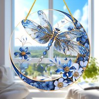 Blue White Porcelain Dragonfly Sun Catcher, Acrylic Garden Decor with Vibrant Colors, Perfect Housewarming Thanksgiving Gift