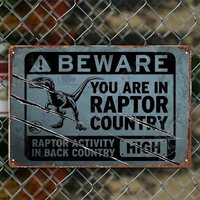 'Beware of Raptor' Metal Tin Sign - Rustic Dinosaur Warning Sign for Garden, Home, Zoo Wall Decor - , Outdoor Durable Metal Ar