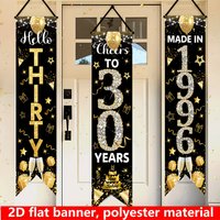 2D Flat 3Pcs Black Gold Glitter 30th Birthday Banners, 1996 "Hello Thirty" Porch Signs, 11.81×47.24 Inch Polyester Party Decor