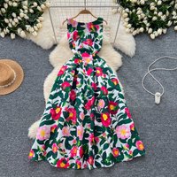 French Fashion Print O-neck Pleated Sleeveless A-line Ball Gown Dress Women Summer Vintage Elegant Puff Graduation Party Dresses