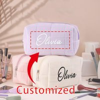 Embroidered name Women's Zipper Makeup Organizer Customized Text Handbag Solid Fur Cosmetic Storage Bag Travel Daily Makeup bag