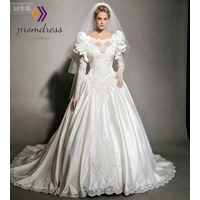 Vintage 90s Satin Princess Wedding Dress 2026 Puff Sleeve Lace Illusion Neck Lace Bridal Gowns Elegant Victorian Drop Waist