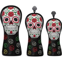 Golf Club Protective Cover - Black PU Material, White Skull and Red Flower Pattern, Multi Color Denomination and Eye Design