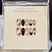 10 PCS Luxury Handmade Press on Nails Short Oval Champagne Cat's eye Design with 3-PIECE Tool Adhesive Nail Glue Tabs
