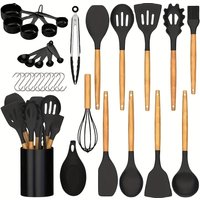 33pcs Silicone Kitchen Utensil Set with Wooden Handles & Storage Bucket - Non-Stick Cookware Tools ,Essential Cooking Gadgets