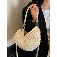 Hand-woven Bag Women's Seaside Conch Shell Messenger Bag Cute Pearls Chains Handmade Weave Crossbody Bag Novelty Small Handbags