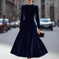 Autumn Simple Elegant Navy Blue Long Dresses For Women High Collar Long Sleeve High Waist Temperament Female Fashion Style Dress