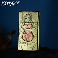 Zorro Slim Narrow Kerosenes Lighter Laser Engraved Brass Inlaid Purple Copper Anime Maid Pattern Windproof Luxury Men Gift