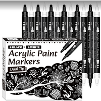 Black White Acrylic Paint Marker Pen,12 Pcs Brush and Fine Dotl Tip for Paper,Rock Painting,Wood Sign,Metal,Plastic,Drawing