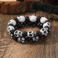 Punk Goth Skull Skeleton Bracelets for Women Men Hip Hop Elastic Beaded Bracelets Bangles Handmade Halloween Jewelry