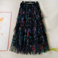 Retro Printed Tulle Skirt High Waist Midi A-Line Pleated Cake Half Length Women's plus Size Casual Polyester Non-Stretch