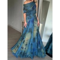 Casual Pattern Printed Waist Beach Dress Sexy Women's Slanted Collar Sleeveless Holiday Robe Dress Elegant Pleated Party Dresses