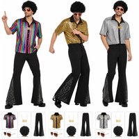 70s 80s Disco Costume For Men Retro Shirt and Bell Bottom Pants Set With Wig Sunglasses Necklace Halloween Party Outfit