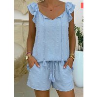 Two Piece Set Women Outfit 3D Decor Textured Tie Neck Flutter Sleeve Stretchy Back Top & Drawstring Elastic Waist Shorts Set