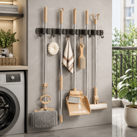 Stainless Steel Wall Mounted Mop Holder Organizer Rack with Hooks Drill-Free Bathroom Broom Storage Clip Heavy Duty Rack