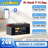 EU Stock LiFePO4 24V 200Ah 100Ah 140Ah 300Ah 5Kw 12V Battery Bluetooth BMS 6000+ Cycles Grade-A IP65 RV Solar Home Lithium Pack