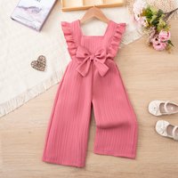 Girls' summer pure-color versatile jumpsuit, ruffle bowknot jumpsuit, princess style jumpsuit, suitable for little girls