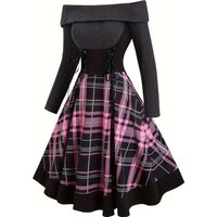 A retro era plaid off-the-shoulder knitted dress for women's autumn and winter in size 2025