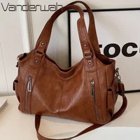 Women's Vintage Sturdy Wear-Resistant Tote Bag Large Capacity Multi-Pocket Leather Shoulder Crossbody Handbag for Daily Commute