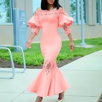 Elegant Party Dress Women Fashion Off Shoulder Slash Neck Lace Splicing hollow Lantern Sleeves Slim Solid Color Fishtail Skirt