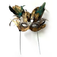 Handmade Golden Feather Masquerade Mask 1920s Peacock Feather Venetian Mask for Halloween Couples Carnival Costume Ball