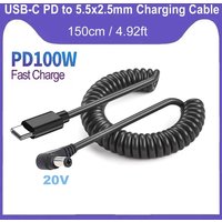 PD 100W Type C to DC Charging Cord, USB C to DC 5.5X2.5mm Power Jack Laptop Fast Charging Cable Coiled Spring Charging Cable