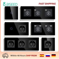 BSEED Touch Light Switch With EU USB Wall Sockets Black Wall Led Switches 1/2/3Gang 1Way Crystal Dark Blue Backlight Wall Switch
