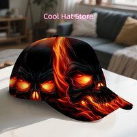 1pc Men'S Hellfire Skull Print Adjustable Baseball Cap | Glowing Orange Eyes & Flame Design - Gothic Streetwear Hat, Lightweight