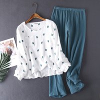 New Japanese style spring and autumn ladies cotton crepe cloth long-sleeved trousers pajamas cactus comfortable home service