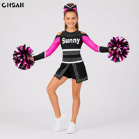 Girls Black Pink Cheerleading Uniform Long Sleeve Rhinestone Cold Shoulder Top Skirt Kids Competition Performance Dancewear Sets