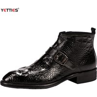 Mens Genuine Leather Crocodile-Embossed ZIP Ankle Boots, Top Grain Leather British Style Zip Winter Warmth Fur-Lined Option