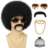 70S Men’s Afro Wig for Disco Party, 5pcs Set Black Afro Curly Synthetic Rocker Wigs for 70S 80S Costume Halloween Cosplay Use