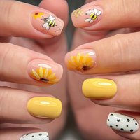 Short Square fake nails for women girls yellow white pink Spring summer flowers bees with polka dots full cover press on nail