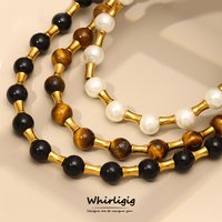 Elegant Women Shell Pearl Necklace Beaded Chain Stainless Steel tiger-eye Stones T Buckle Pendant Charm Jewelry Gift