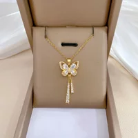 Temperament Butterfly Tassel Full Crystal Pendant Necklace for Women Luxury Gold Color Stainless Steel Clavicle Chain Jewelry