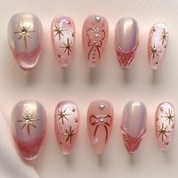 10pcs Short Almond Handmade False Nails Tips Cat's Eye Smudge Design Full Cover Fake Nail Art with Flower Diamond Press on Nails