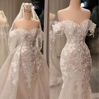 Luxury Mermaid Lace Applique Tassel Wedding Dress Sexy Sweetheart Off The Shoulder Detachable Plus Size Bridal Gown Customized