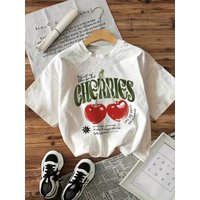 100% Cotton Women Cherry T-Shirt with Heart Cherries Graphic Print O-Neck Tops Tees T Shirt Short Sleeve Clothing Female Casual