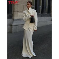 TTQV Fashion Loose White 3 Piece Outfits Woman 2026 Elegant Long Sleeve Shirt + Girdle With High Waist Maxi Skirt Set Femalev