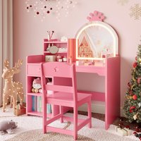 Kids Vanity Desk with Mirror and Lights,Makeup Vanity Table with Chair,Toddler Dressing Table Gift for Little Girls,Pink